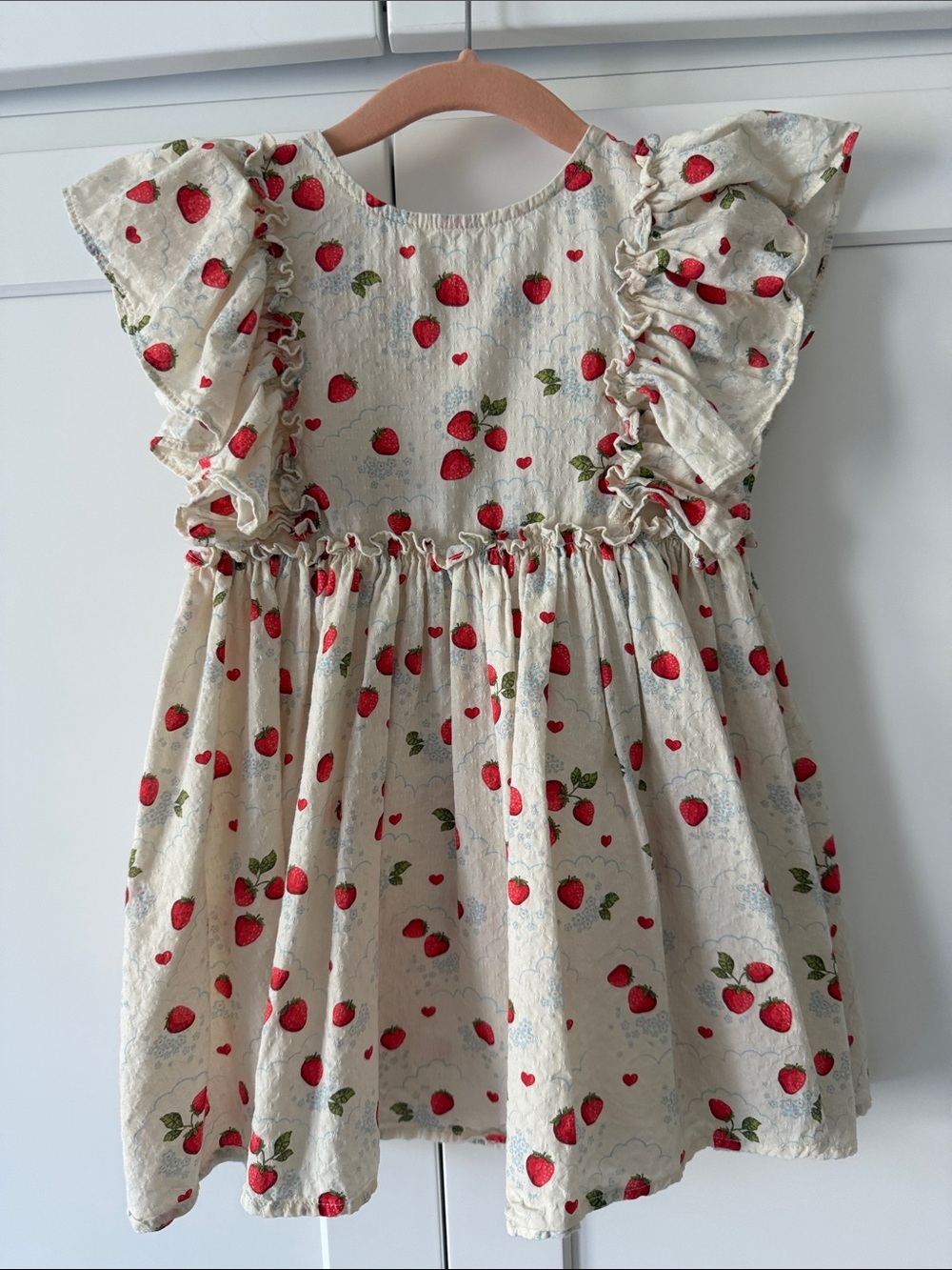 Konges Slojd Girls Cream Strawberry Print Ruffle Dress with Bow in the Back 2Y